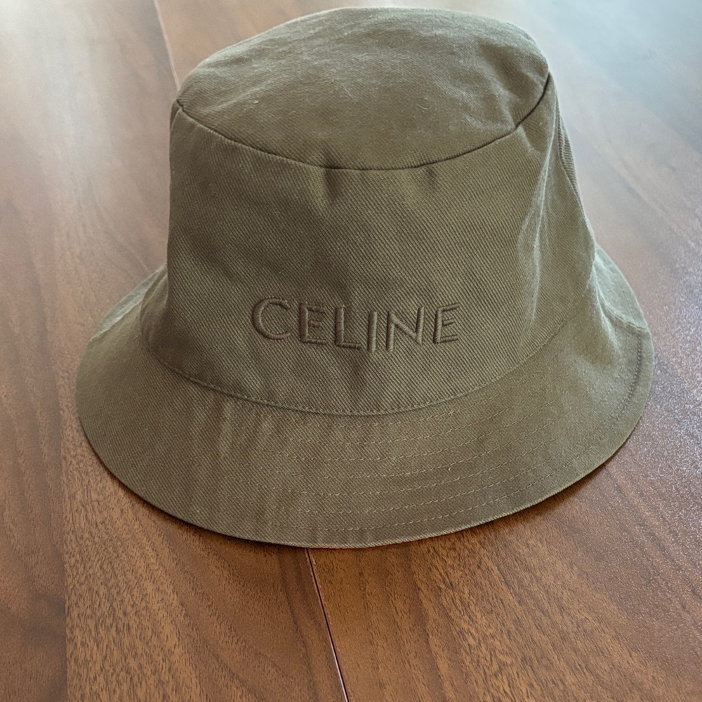 Celine Olive Bucket Hat with Embroidered Logo